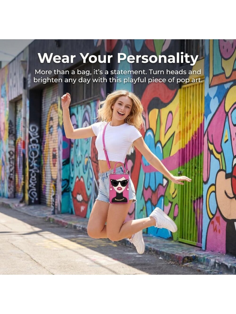 Women Hot Pink Novelty Lady Face PU Leather Shoulder Bag Handle Satchel Clutch - Picture 3 of 7